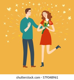 Happy pair on a date. Girl holding a bouquet of flowers. Including decorative elements such as sparks, stars, hearts, birds. Love and relationships illustration for your design.