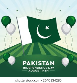 Happy Pakistan Independence Day August 14th with Pakistan waving flag balloon and field background