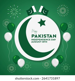 Happy Pakistan Independence Day August 14th with cresent moon star balloon fireworks on isolated background