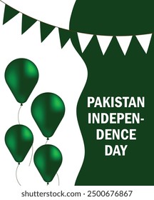 Happy Pakistan independence day with green ballons and green and white flags isolated on background.