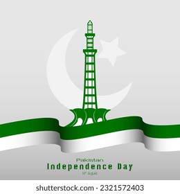 Happy Pakistan Independence Day greetings with Pakistan tower and waving ribbon