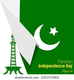 Happy Pakistan Independence Day poster with folded pakistan flag in front of pakistan tower
