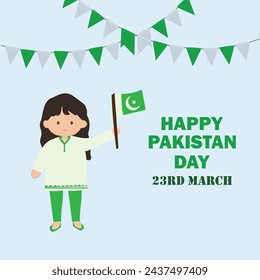 Feliz Día de la Resolución de Pakistán, celebración del 23 de marzo, muchacha sostiene ilustración de bandera paquistaní. Saludos del día de Pakistán