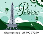 Happy Pakistan Resolution Day Vector Illustration on 23 March, Featuring a Waving Flag and Iconic Landmarks in a National Holiday Flat Background