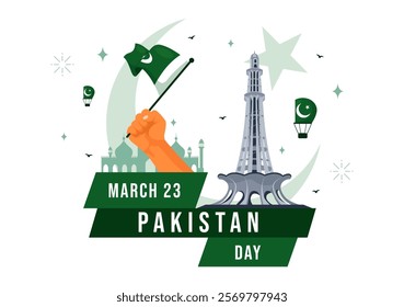 Happy Pakistan Resolution Day Vector Illustration on 23 March, Featuring a Waving Flag and Iconic Landmarks in a National Holiday Flat Background