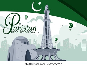 Happy Pakistan Resolution Day Vector Illustration on 23 March, Featuring a Waving Flag and Iconic Landmarks in a National Holiday Flat Background