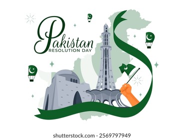 Happy Pakistan Resolution Day Vector Illustration on 23 March, Featuring a Waving Flag and Iconic Landmarks in a National Holiday Flat Background