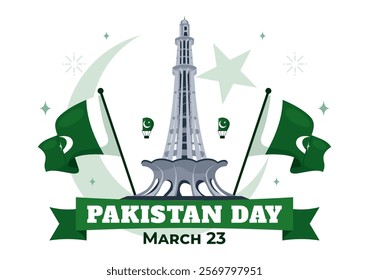 Happy Pakistan Resolution Day Vector Illustration on 23 March, Featuring a Waving Flag and Iconic Landmarks in a National Holiday Flat Background