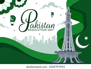 Happy Pakistan Resolution Day Vector Illustration on 23 March, Featuring a Waving Flag and Iconic Landmarks in a National Holiday Flat Background