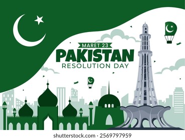Happy Pakistan Resolution Day Vector Illustration on 23 March, Featuring a Waving Flag and Iconic Landmarks in a National Holiday Flat Background
