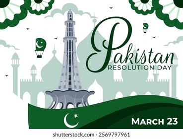 Happy Pakistan Resolution Day Vector Illustration on 23 March, Featuring a Waving Flag and Iconic Landmarks in a National Holiday Flat Background