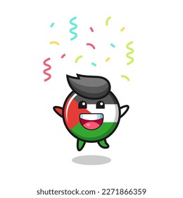 happy palestine flag badge mascot jumping for congratulation with colour confetti , cute style design for t shirt, sticker, logo element