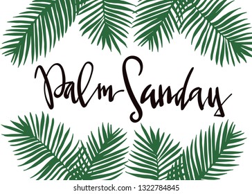 Happy Palm Sunday - celebration card with handwritten lettering and palm leaf. Hand drawn vector in mimal style.
