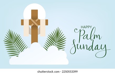 Happy Palm Sunday congratulation card. Handwritten calligraphy lettering with holy cross, palm leaf, clouds and sun. Vector illustration template.