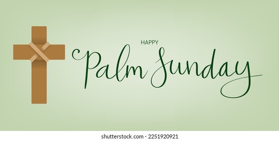 Happy Palm Sunday congratulation card. Handwritten calligraphy lettering with holy cross vector illustration template.