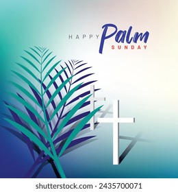 Happy Palm Sunday holiday card, poster with realistic palm leaves and cross. Social media post design concept