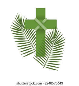 Happy Palm Sunday illustration with palm leaf, holy cross. Vector isolated.