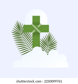 Happy Palm Sunday illustration with palm leaf, holy cross and clouds. Vector isolated.