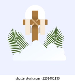 Happy Palm Sunday illustration with palm leaf, holy cross and clouds. Vector isolated.