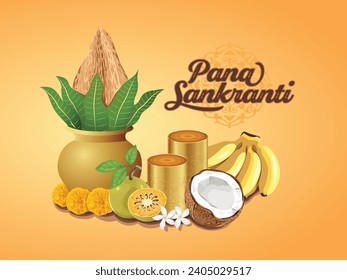 Happy Pana Sankranti written English. Vector illustration of odisha new year Pana Sankranti with festive elements