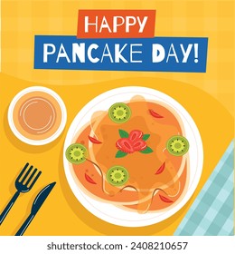 Happy pancake day. pancake day background. National Pancake Day. Cartoon Vector illustration design Template for Poster, Banner, Flyer, Card, Post, Cover. Pancakes stack with berries or honey.