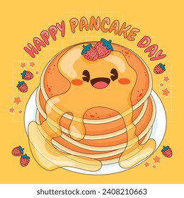 Happy pancake day. pancake day background. National Pancake Day. Cartoon Vector illustration design Template for Poster, Banner, Flyer, Card, Post, Cover. Pancakes stack with berries or honey.