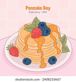 Happy pancake day. pancake day background. National Pancake Day. Cartoon Vector illustration design Template for Poster, Banner, Flyer, Card, Post, Cover. Pancakes stack with berries or honey.