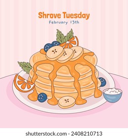 Happy pancake day. pancake day background. National Pancake Day. Cartoon Vector illustration design Template for Poster, Banner, Flyer, Card, Post, Cover. Pancakes stack with berries or honey.
