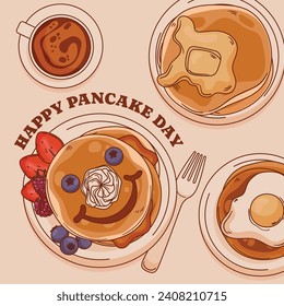 Happy pancake day. pancake day background. National Pancake Day. Cartoon Vector illustration design Template for Poster, Banner, Flyer, Card, Post, Cover. Pancakes stack with berries or honey.