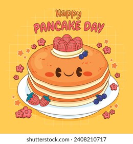 Happy pancake day. pancake day background. National Pancake Day. Cartoon Vector illustration design Template for Poster, Banner, Flyer, Card, Post, Cover. Pancakes stack with berries or honey.