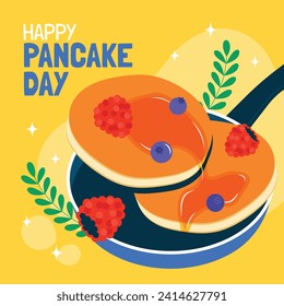 Happy pancake day. pancake day background. National Pancake Day. Cartoon Vector illustration design Template for Poster, Banner, Flyer, Card, Post, Cover. Pancakes stack with berries or honey.