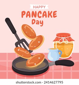 Happy pancake day. pancake day background. National Pancake Day. Cartoon Vector illustration design Template for Poster, Banner, Flyer, Card, Post, Cover. Pancakes stack with berries or honey.