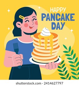 Happy pancake day. pancake day background. National Pancake Day. Cartoon Vector illustration design Template for Poster, Banner, Flyer, Card, Post, Cover. Pancakes stack with berries or honey.