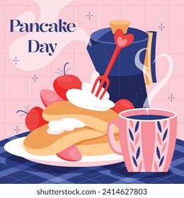 Happy pancake day. pancake day background. National Pancake Day. Cartoon Vector illustration design Template for Poster, Banner, Flyer, Card, Post, Cover. Pancakes stack with berries or honey.