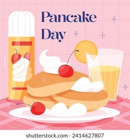 Happy pancake day. pancake day background. National Pancake Day. Cartoon Vector illustration design Template for Poster, Banner, Flyer, Card, Post, Cover. Pancakes stack with berries or honey.