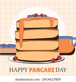 Happy pancake day. pancake day background. National Pancake Day. Cartoon Vector illustration design Template for Poster, Banner, Flyer, Card, Post, Cover. Pancakes stack with berries or honey.