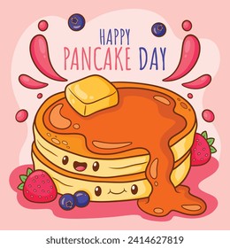 Happy pancake day. pancake day background. National Pancake Day. Cartoon Vector illustration design Template for Poster, Banner, Flyer, Card, Post, Cover. Pancakes stack with berries or honey.