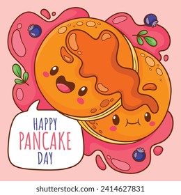 Happy pancake day. pancake day background. National Pancake Day. Cartoon Vector illustration design Template for Poster, Banner, Flyer, Card, Post, Cover. Pancakes stack with berries or honey.