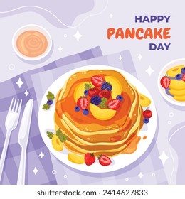 Happy pancake day. pancake day background. National Pancake Day. Cartoon Vector illustration design Template for Poster, Banner, Flyer, Card, Post, Cover. Pancakes stack with berries or honey.