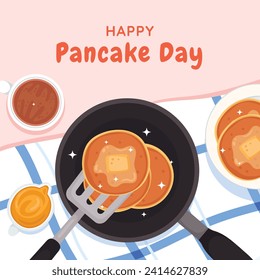 Happy pancake day. pancake day background. National Pancake Day. Cartoon Vector illustration design Template for Poster, Banner, Flyer, Card, Post, Cover. Pancakes stack with berries or honey. svg