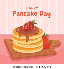 Happy pancake day. pancake day background. National Pancake Day. Cartoon Vector illustration design Template for Poster, Banner, Flyer, Card, Post, Cover. Pancakes stack with berries or honey.