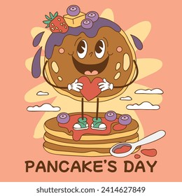 Happy pancake day. pancake day background. National Pancake Day. Cartoon Vector illustration design Template for Poster, Banner, Flyer, Card, Post, Cover. Pancakes stack with berries or honey.