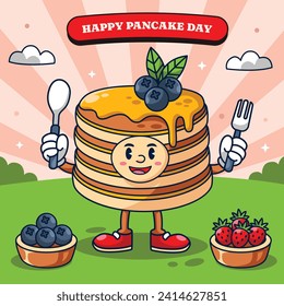 Happy pancake day. pancake day background. National Pancake Day. Cartoon Vector illustration design Template for Poster, Banner, Flyer, Card, Post, Cover. Pancakes stack with berries or honey.