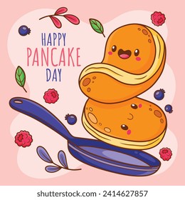 Happy pancake day. pancake day background. National Pancake Day. Cartoon Vector illustration design Template for Poster, Banner, Flyer, Card, Post, Cover. Pancakes stack with berries or honey. svg