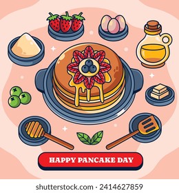 Happy pancake day. pancake day background. National Pancake Day. Cartoon Vector illustration design Template for Poster, Banner, Flyer, Card, Post, Cover. Pancakes stack with berries or honey.