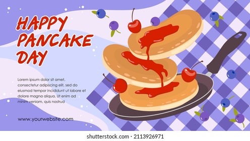 Happy Pancake Day Banner With Cherries And Blueberries. Vector Clipart.