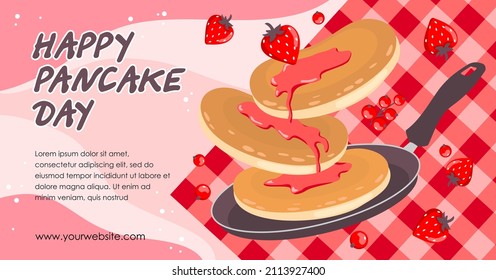 Happy Pancake Day banner with strawberries. Vector clipart.