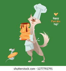 Happy Pancake Day! Cute cat holds a stack of pancakes. Vector illustration