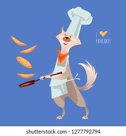 Happy Pancake Day! Cute cat tosses pancake in frying pan. Vector illustration