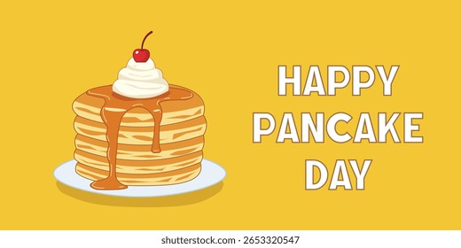Happy Pancake Day Illustration – Stack of Pancakes with Syrup, Whipped Cream, and Cherry